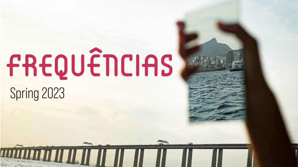 A beach scene with hand holding a glass mirror that reflects the city behind it. "Frequencias" is printed in the middle of the flyer in bold pink lettering. 